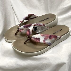 Hey Dude Pink, White & Purple Comfortable Flip Flop Sandals w/ Leather Soles, 8